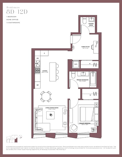 Floor plan for 1 bed, 1 bath, 806 sqft