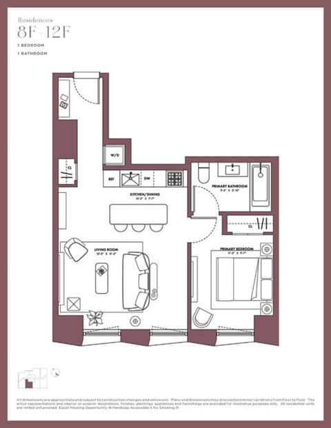 Floor plan for 1 bed, 1 bath, 583 sqft