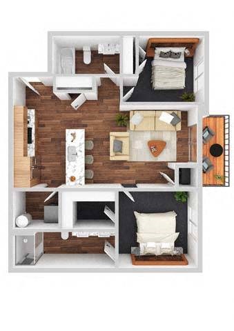 Floor plan for 2 beds, 2 baths, 1021 sqft