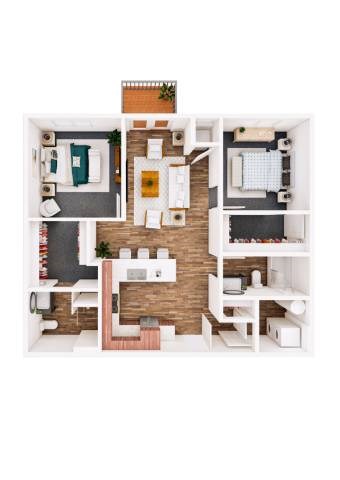 Floor plan for 2 beds, 2 baths, 1082 sqft