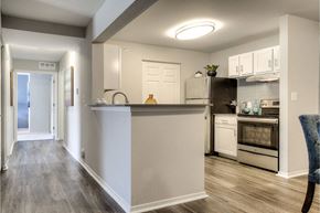 Ann Arbor apartment for rent - A kitchen with a white counter and a refrigerator.