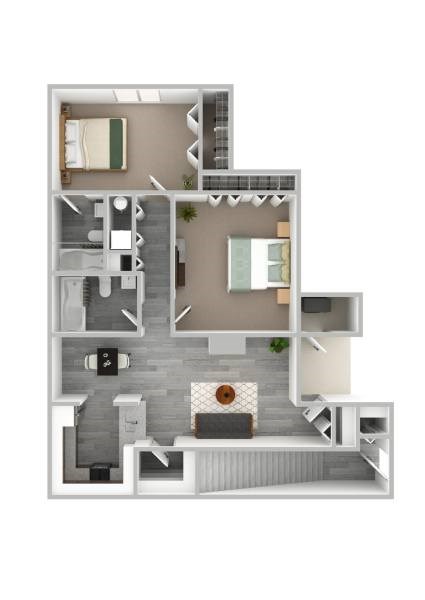 Floor plan for 2 beds, 2 baths, 943 sqft