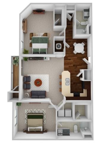 Floor plan for 2 beds, 2 baths, 1167 sqft