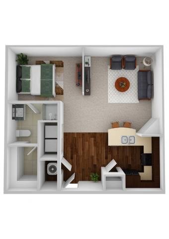 Floor plan for 1 bed, 1 bath, 766 sqft