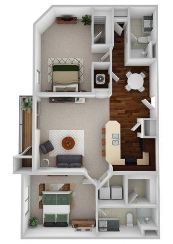 Floor plan for 2 beds, 2 baths, 997 sqft
