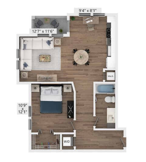 Floor plan for 1 bed, 1 bath, 747 sqft
