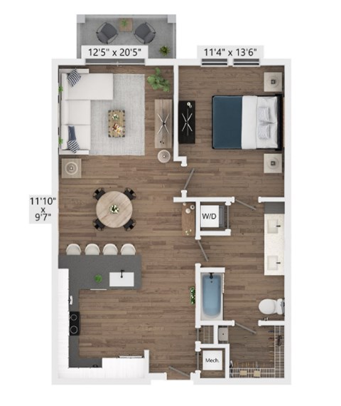 Floor plan for 1 bed, 1 bath, 805 sqft