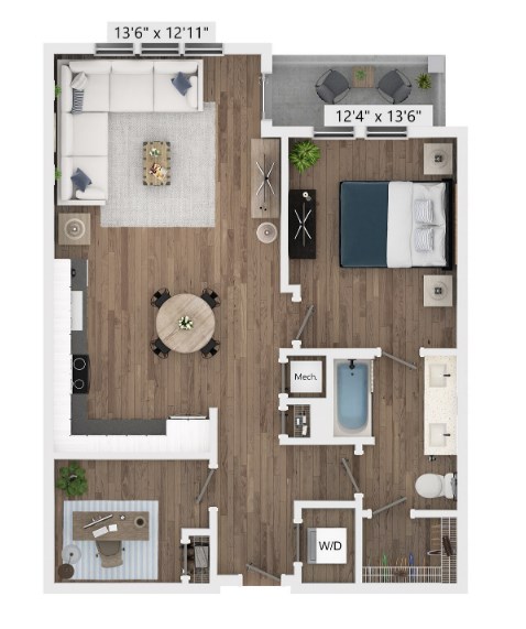 Floor plan for 1 bed, 1 bath, 829 sqft