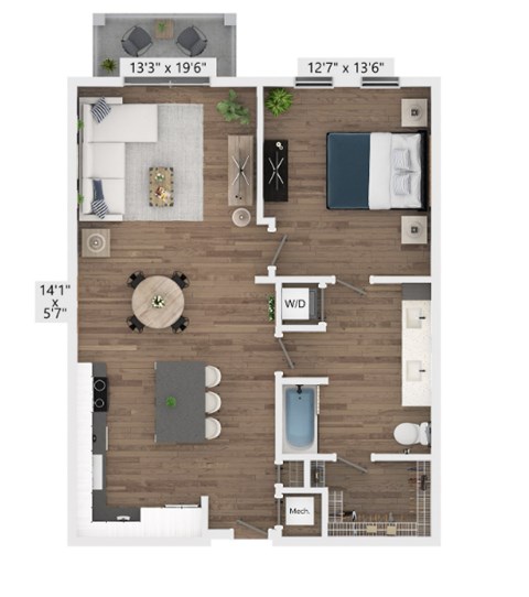 Floor plan for 1 bed, 1 bath, 852 sqft