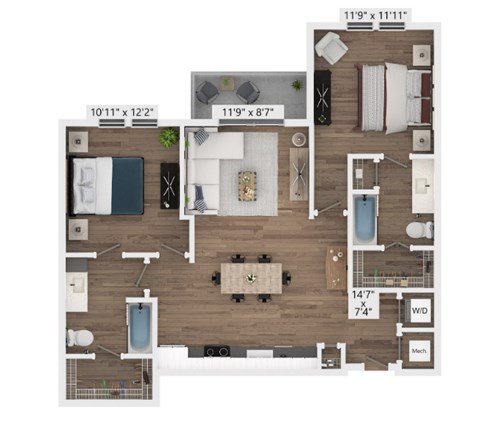 Floor plan for 2 beds, 2 baths, 996 sqft