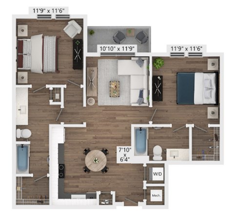 Floor plan for 2 beds, 2 baths, 996 sqft
