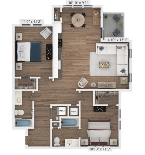 Floor plan for 2 beds, 2 baths, 1116 sqft
