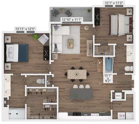 Floor plan for 2 beds, 2 baths, 1258 sqft