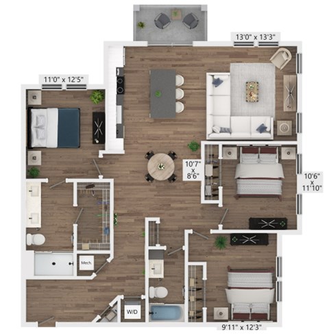 Floor plan for 3 beds, 2 baths, 1378 sqft