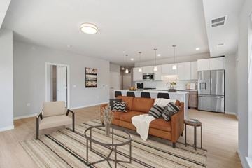 Cottage Grove apartment for rent - A modern living room with a brown sofa and a coffee table.