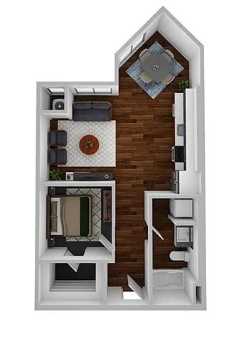 Floor plan for 1 bed, 1 bath, 676 sqft