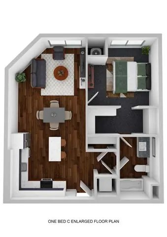 Floor plan for 1 bed, 1 bath, 723 sqft