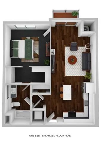 Floor plan for 1 bed, 1 bath, 733 sqft