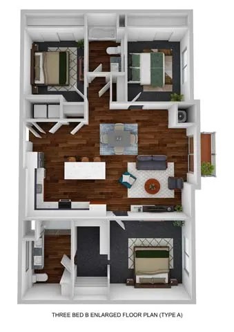 Floor plan for 3 beds, 2 baths, 1354 sqft