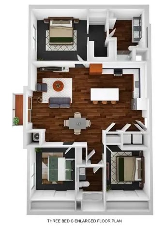Floor plan for 3 beds, 2 baths, 1353 sqft