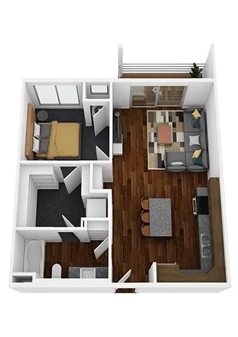 Floor plan for 1 bed, 1 bath, 677 sqft