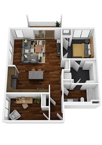 Floor plan for 1 bed, 1 bath, 895 sqft