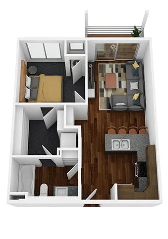Floor plan for 1 bed, 1 bath, 605 sqft