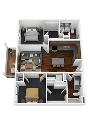Floor plan for 2 beds, 2 baths, 940 sqft