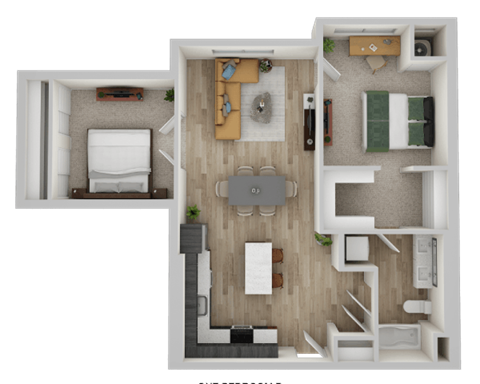 Floor plan for 1 bed, 1 bath, 896 sqft
