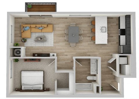 Floor plan for 1 bed, 1 bath, 884 sqft