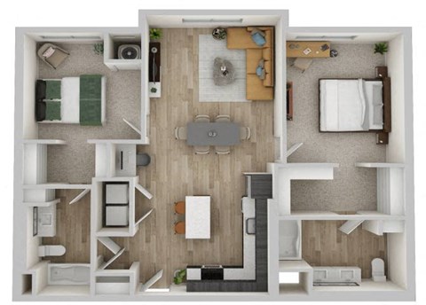 Floor plan for 2 beds, 2 baths, 1157 sqft