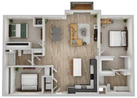 Floor plan for 3 beds, 2 baths, 1454 sqft