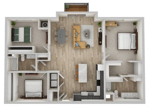 Floor plan for 3 beds, 2 baths, 1454 sqft