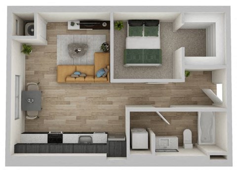 Floor plan for 1 bed, 1 bath, 595 sqft