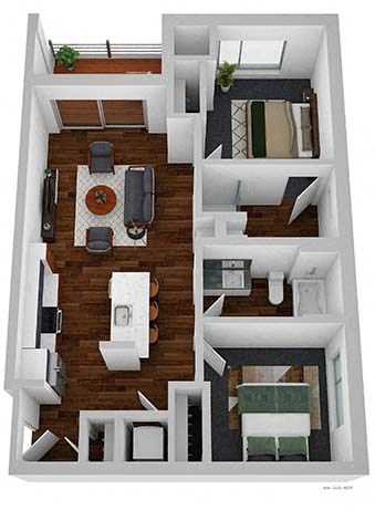 Floor plan for 2 beds, 2 baths, 869 sqft