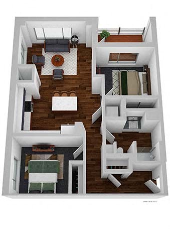 Floor plan for 2 beds, 1 bath, 869 sqft