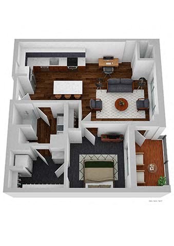 Floor plan for 1 bed, 1 bath, 749 sqft