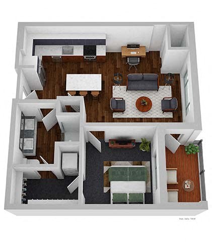 Floor plan for 1 bed, 1 bath, 749 sqft