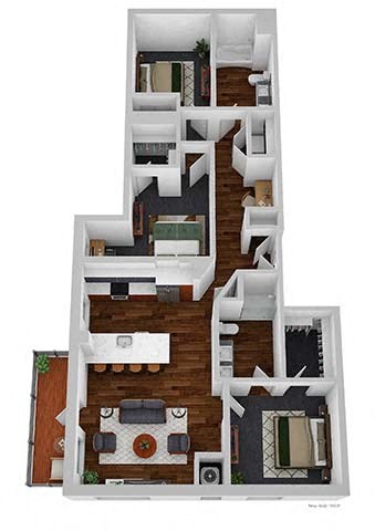 Floor plan for 3 beds, 2 baths, 1343 sqft