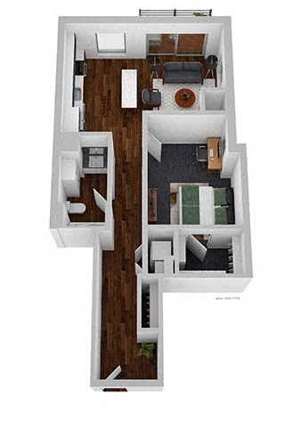 Floor plan for 1 bed, 1 bath, 770 sqft