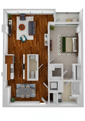 Floor plan for 1 bed, 1.5 baths, 957 sqft