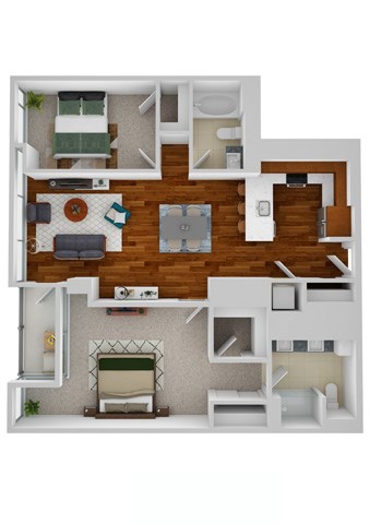 Floor plan for 2 beds, 2 baths, 1121 sqft