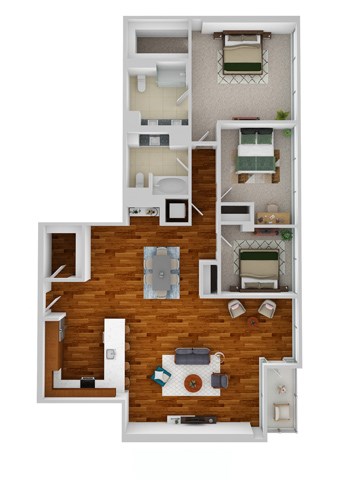 Floor plan for 3 beds, 2 baths, 1615 sqft