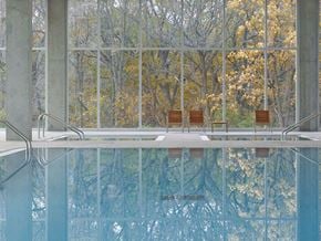 Skokie apartment for rent - A glass wall with a view of trees and a pool with chairs.