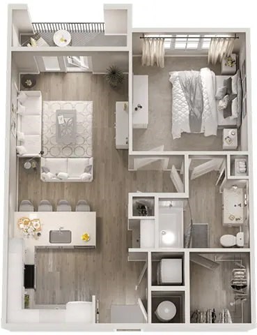 Floor plan for 1 bed, 1 bath, 765 sqft
