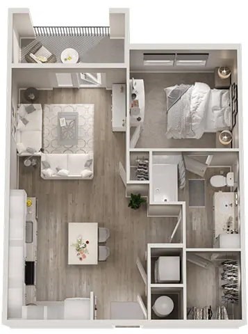 Floor plan for 1 bed, 1 bath, 658 sqft