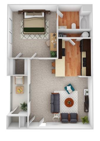 Floor plan for 1 bed, 1 bath, 727 sqft