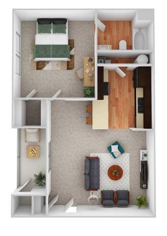Floor plan for 1 bed, 1 bath, 630 sqft