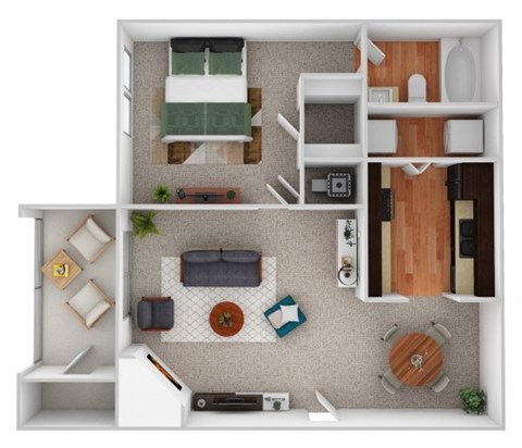 Floor plan for 1 bed, 1 bath, 727 sqft