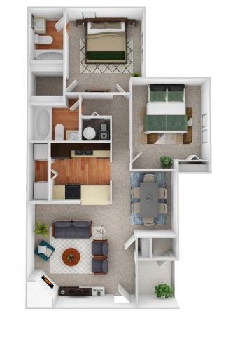 Floor plan for 2 beds, 2 baths, 1009 sqft